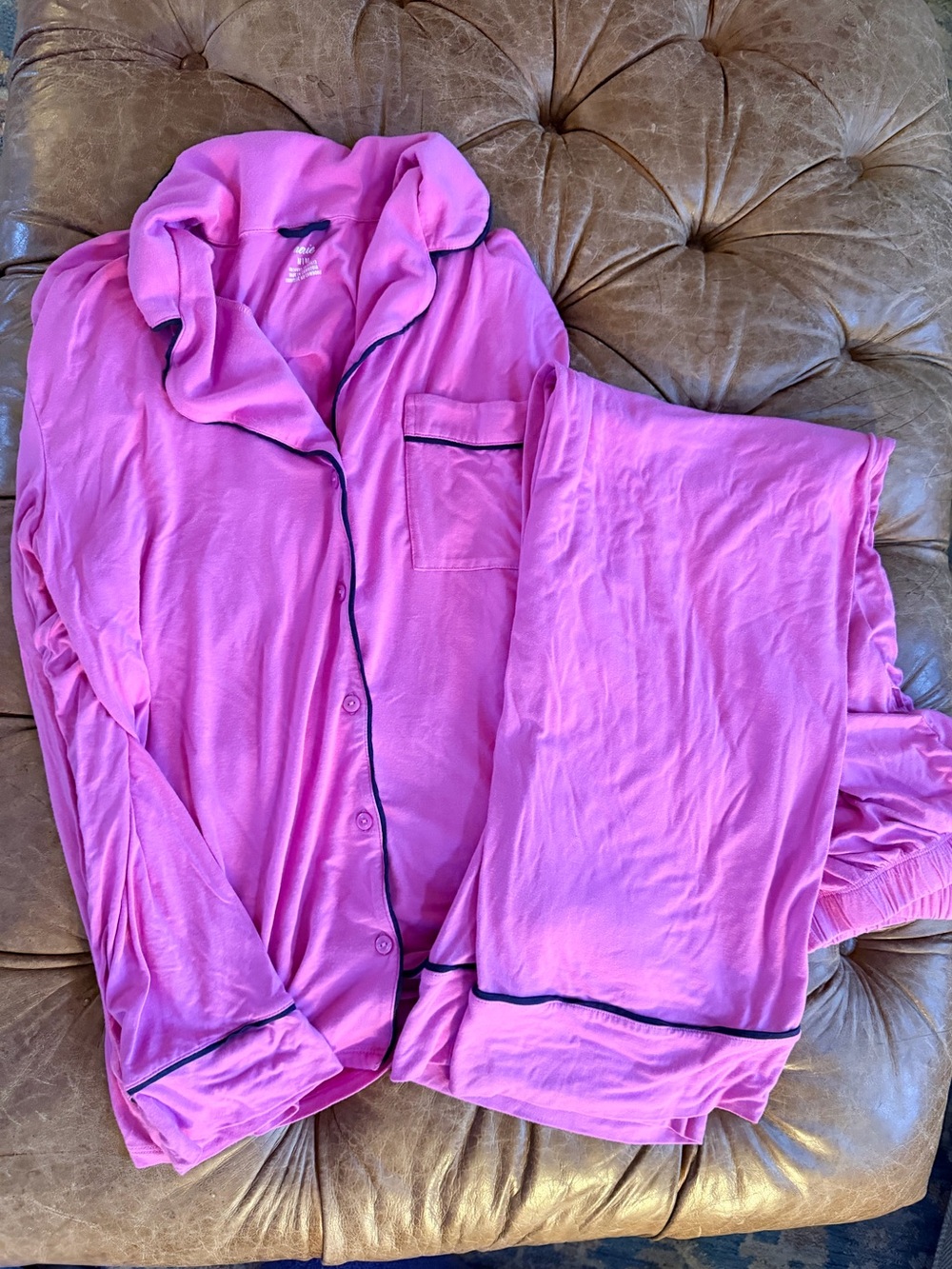 Aerie Pajama Set Women’s M S Pink Button Down Shirt Pants Viscose Navy Piping